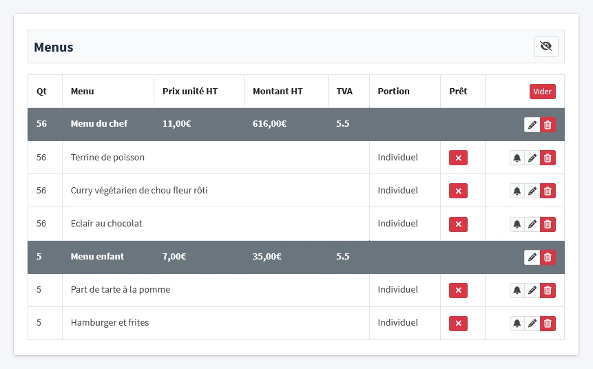 Tableau de la facturation de plusieurs menus